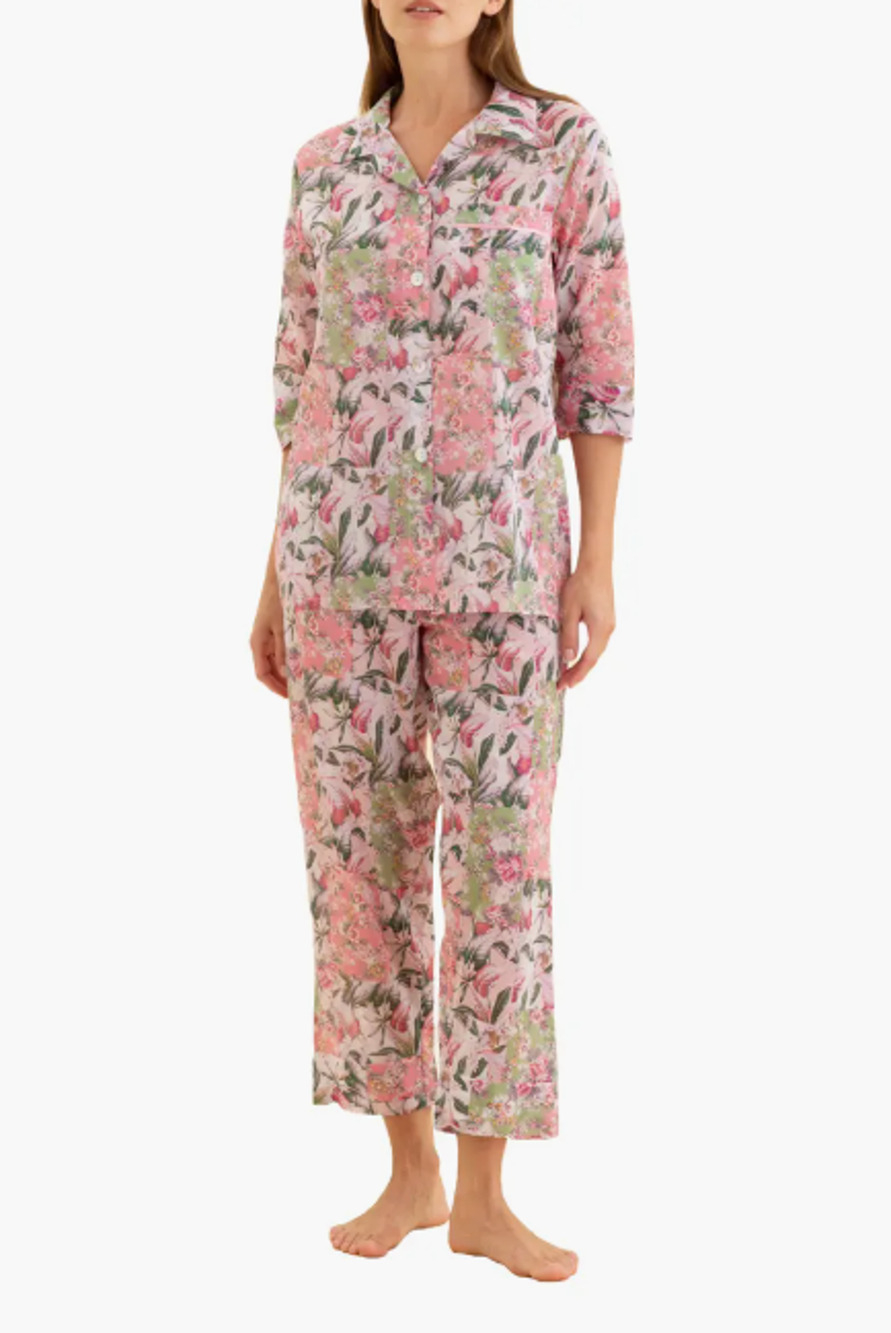 Papinelle Palisades Cotton Voile Crop Pajamas Sz S Floral Patchwork Pink